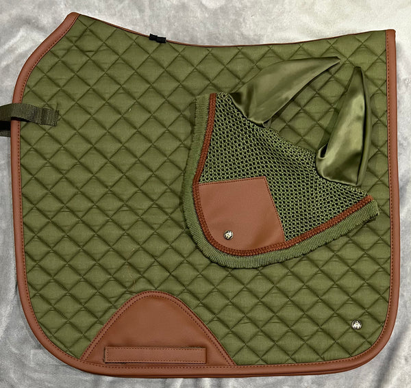 16C (Sixteen Cypress) Set - Dressage Saddle Pad/Fly Veil - Olive & Cognac